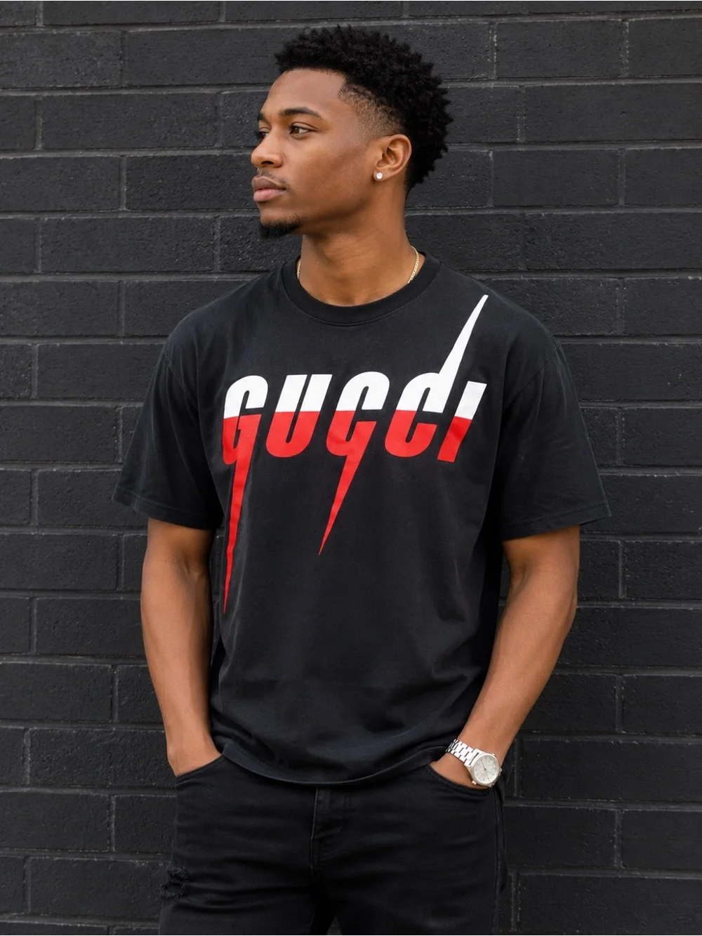 Auth Gucci Lightning Logo Black Men T-Shirt